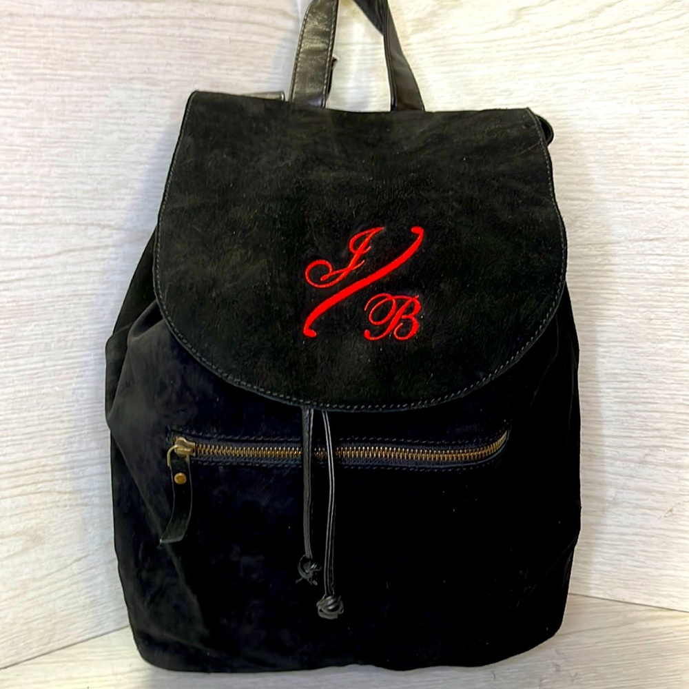 NWT Mark and Graham large suede backpack with red monogram.JB